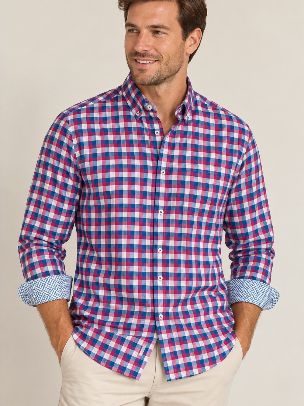 Men's Blue & Pink Check Button-Down Shirt